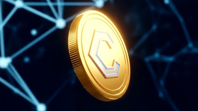 A shiny cryptocurrency coin with a glowing logo against a digital network backdrop
