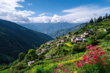 Charming Alpine Village on Mountain Slopes with Narrow Pathways and Flowers
