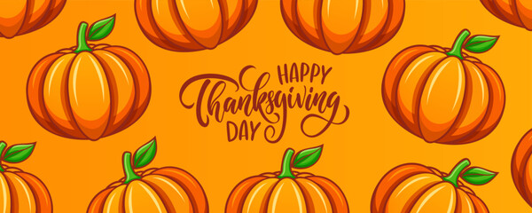 Happy Thanksgiving Day background with hand lettering and ripe pumpkins. Festive graphic design for Thanksgiving holiday greetings and invitations. Vector illustration.