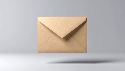 A tan envelope floats on a gray surface, casting a shadow. The envelope is closed, and the background is plain