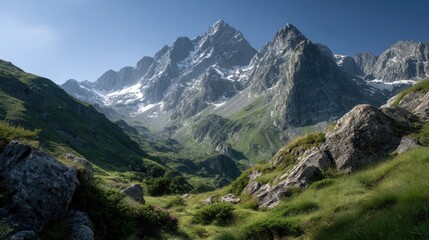 Dramatic Mountain Panorama of the Pyrenees with Rocky Ridges and Meadows
