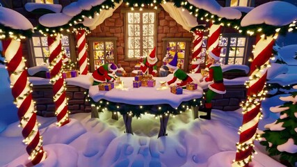 Christmas elves pack colorful gifts in Santa's workshop, they are wrapping presents. Santa's helpers work in vibrant gift assembling toys and wrapping packages. festive cheer. animation style