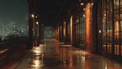 Fototapeta premium Urban rain-slicked alleyway, overlooking city at night