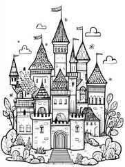 Obraz premium Majestic Castle Illustration: A detailed line art illustration depicts a magnificent castle, complete with towers, flags, and intricate architectural details.