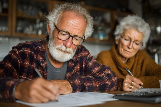 Pension retired couple warmly focused on retirement paperwork sharing hope and calm at kitchen table