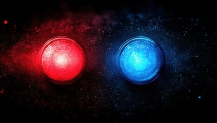 Two glowing circular lights, red and blue, against a dark textured background