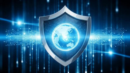 Global digital security shield protecting a glowing earth within a futuristic technological background. - Powered by Adobe