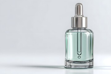 Serum in a sleek clear glass bottle with dropper on a pristine white background