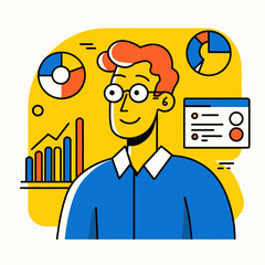 A smiling man with glasses stands confidently in front of colorful charts and graphs, engaged in data analysis. Bright yellow background enhances the vibrant atmosphere of the workspace.