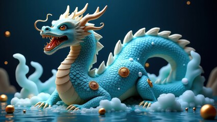 Mythical blue dragon emerging from water with golden accents
