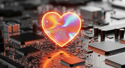 Technological affection: A glowing heart on a circuit board, representing digital love and