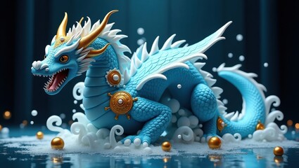 Majestic blue dragon with golden accents sitting on water with glowing orbs