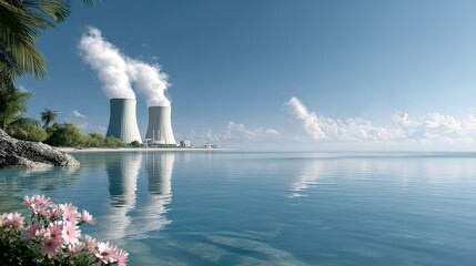 Two large cooling towers emitting steam next to  tranquil ocean with tropical foliage and blooming pink flowers in  foreground