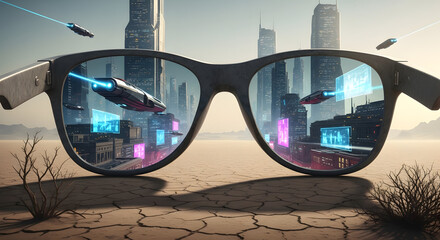 Futuristic cityscape vision through augmented reality smart glasses in desert landscape