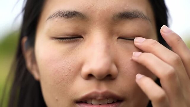 Asian woman applying moisturizer to face, skincare routine for healthy glowing complexion routine,