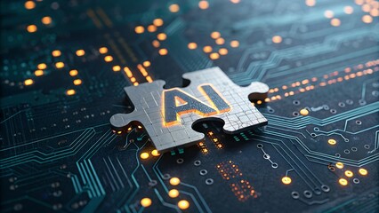 AI artificial intelligence puzzle piece on circuit board with glowing lights technology