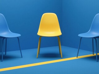 Yellow and blue chairs arranged in rows in a waiting room interior