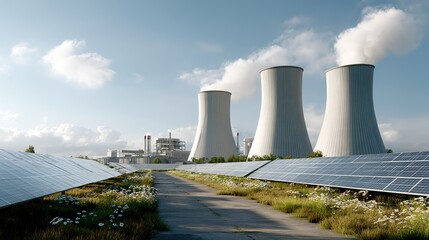 Obraz premium Solar panels and cooling towers of power station under partially cloudy sky with white flowers and green grass
