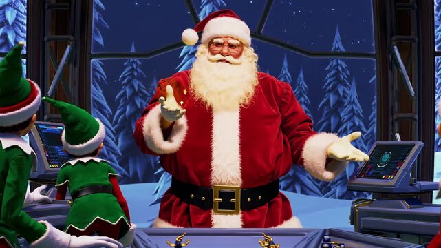 Santa Claus with elf helper, preparing festive work, in magical Christmas setting. Jolly Santa Claus by green assistant, festive background, preparation and Christmas spirit. Santa has digital tablet