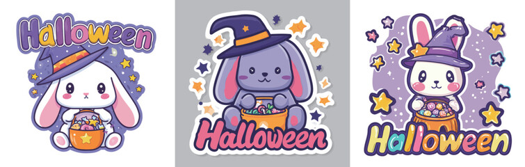 Naklejka premium Three adorable cartoon rabbits celebrate Halloween by wearing witch hats and gathering candy in colorful buckets. The playful designs are cheerful and perfect for Halloween festivities.