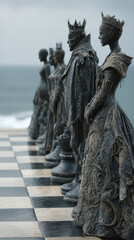 Chess Piece Sculpture by Seaside: Dramatic chess pieces line a chessboard overlooking the ocean. Carved from weathered stone, figures of kings and queens stand in formation.