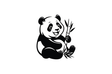 Smiling Panda Holding Bamboo Stem, Cute Animal Mascot Cartoon on White Background