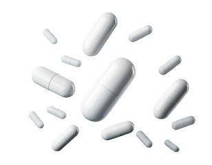 White medicine pill capsule float on light blue background