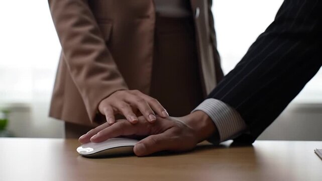 Woman Rejects Man's Advances In Workplace Office Setting Involving Touch and Hand