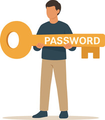 Man Holding a Large Golden Key with the Word Password.