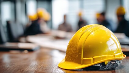 Construction meeting, yellow hard hat