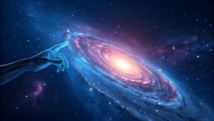 Hand Reaching Out to Touch a Vibrant Galaxy in Space