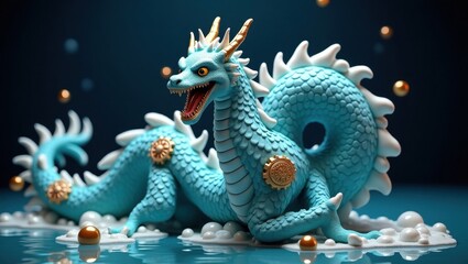 Fototapeta premium Majestic blue dragon with golden accents and glowing orbs