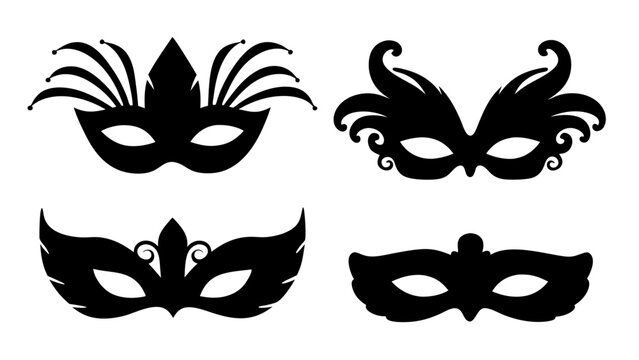 Collection of elegant black silhouette masquerade ball masks for carnival party celebration and design