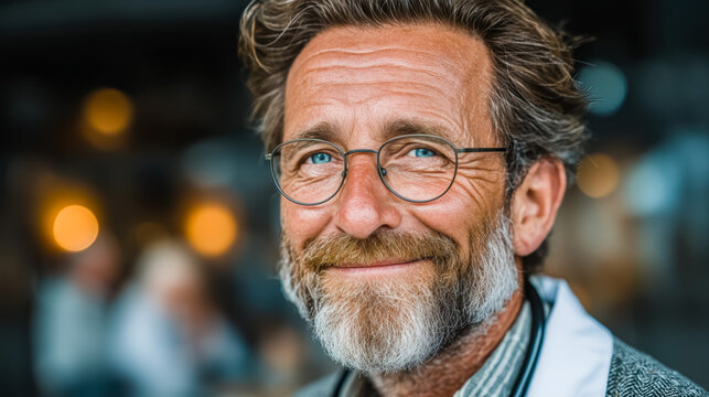 Friendly senior doctor with grey beard and blue eyes smiling in clinic