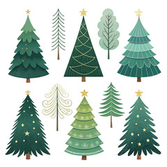 Fototapeta premium Collection of festive christmas trees decorated with stars and lights isolated on transparent background