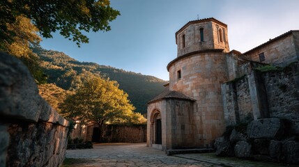 Santa Coloma Church with Round Tower and Ancient Stone Walls Surrounded by Greenery

