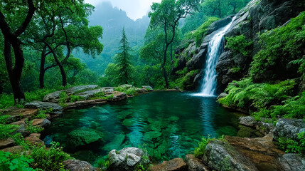 Obraz premium Waterfall and clear lake surrounded by green trees and rocks in mountains at sunrise