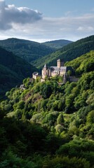 Historic Vianden Castle Surrounded by Forests and Rolling Mountains in Golden Light

