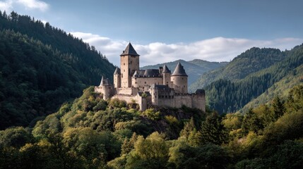 Vianden Castle on Hilltop with Medieval Stone Walls and Scenic Mountain Background
