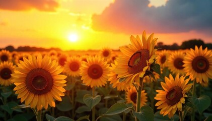 Fototapeta premium Golden Hour Sunflowers Idyllic Chocolate Brown Field Basking in Warm Sunlight, Evoking Summer Joy and Sweetness