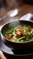 Traditional Bouneschlupp Soup Garnished with Fresh Herbs in Rustic Bowl

