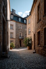 Luxembourg Cityscape with Narrow Streets, Stone Buildings, and Sunlit Roofs
