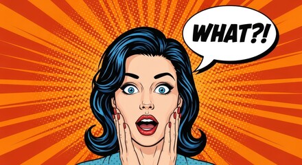 Surprised woman with speech bubble in retro comic style and vibrant orange background