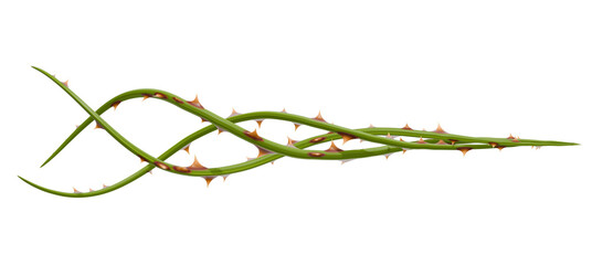 A vibrant 3D render of a wild, thorny branch. Its twisted, intricate form is a powerful graphic for themes of untamed nature or conflict.