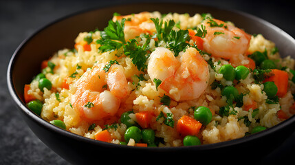 Shrimp fried rice. Rice stir-fried with shrimp. Keto friendly, low carb bowl of shrimp and cauliflower rice with vegetables, peas, carrots, garnished with fresh parsley. 