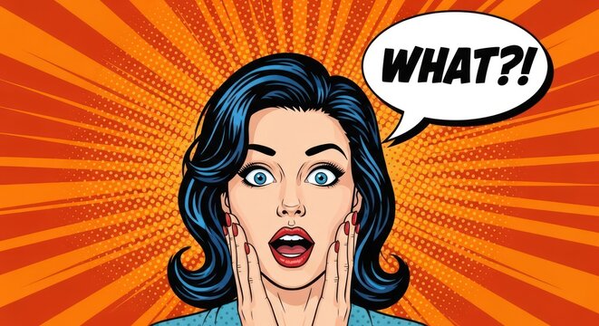 Surprised woman with speech bubble in retro comic style and vibrant orange background