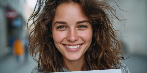 Fototapeta premium A joyful woman with a bright smile and curly hair, showcasing a happy and confident expression, in a well-lit urban setting.