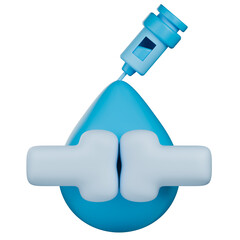 Joint fluid collection concept 3d icon with blue drop of synovial fluid, joints and syringe.