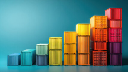 Colorful shipping containers stacked in a stair-step formation, symbolizing growth and progress. The vibrant colors create a visually appealing display, representing global trade and logistics