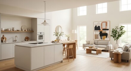 A bright and spacious open plan living area with kitchen and seating arrangement offering a sense